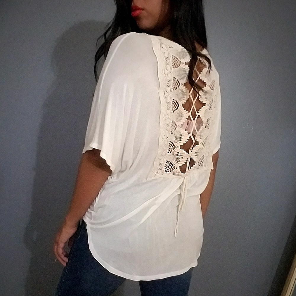 CREAM CROCHET LACE UP BACK TOP - Picture 4 of 6